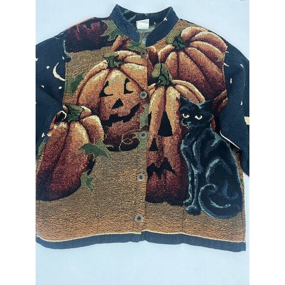 Sugar Street Weavers Tapestry Blanket Coat Jacket Halloween Cats Pumpkins OS - Picture 2 of 9